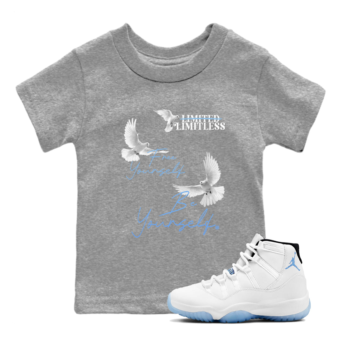11s Legend Blue shirts to match jordans Free Yourself Be Yourself sneaker match tees Air Jordan 11 Legend Blue match shoes to clothes SNRT Sneaker Tees Youth Baby Heather Grey 1 tee