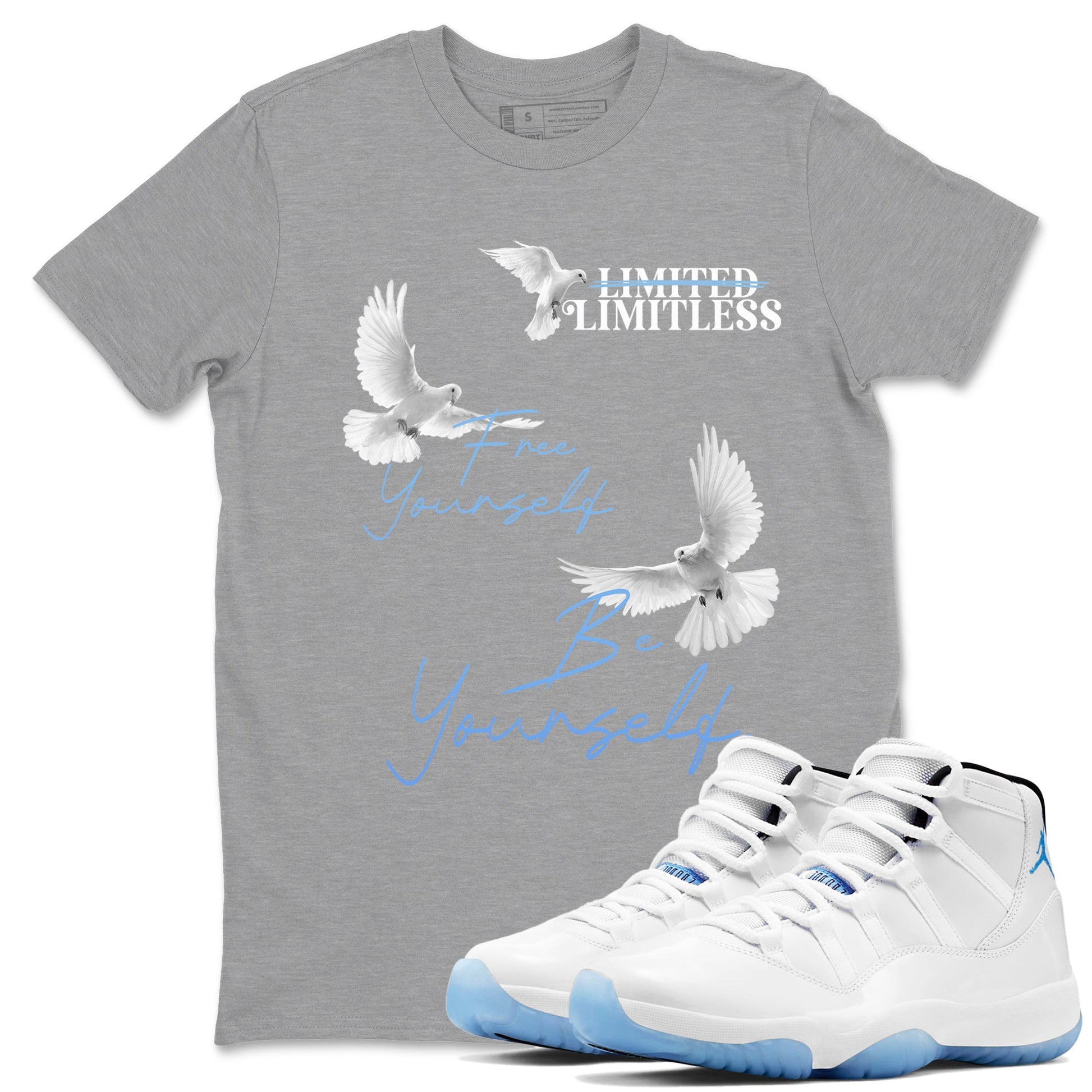 11s Legend Blue shirts to match jordans Free Yourself Be Yourself sneaker match tees Air Jordan 11 Legend Blue match shoes to clothes SNRT Sneaker Tees unisex cotton Heather Grey 1 shirts