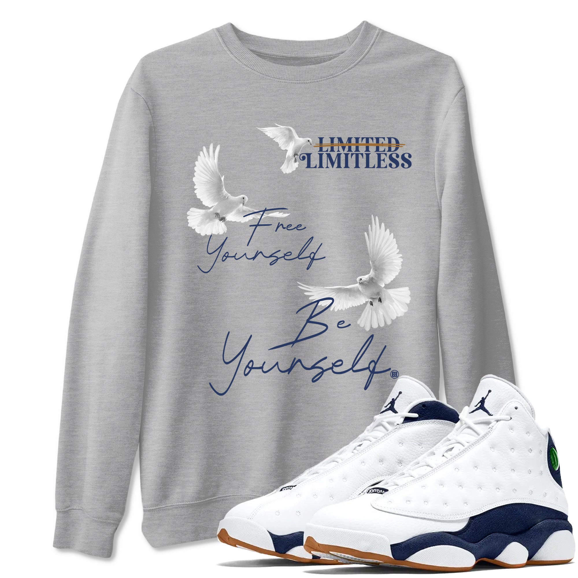 13s Midnight Navy shirts to match jordans Free Yourself Be Yourself sneaker match tees Air Jordan 13 Midnight Navy match shoes to clothes SNRT Sneaker Tees unisex cotton Heather Grey 1 shirts