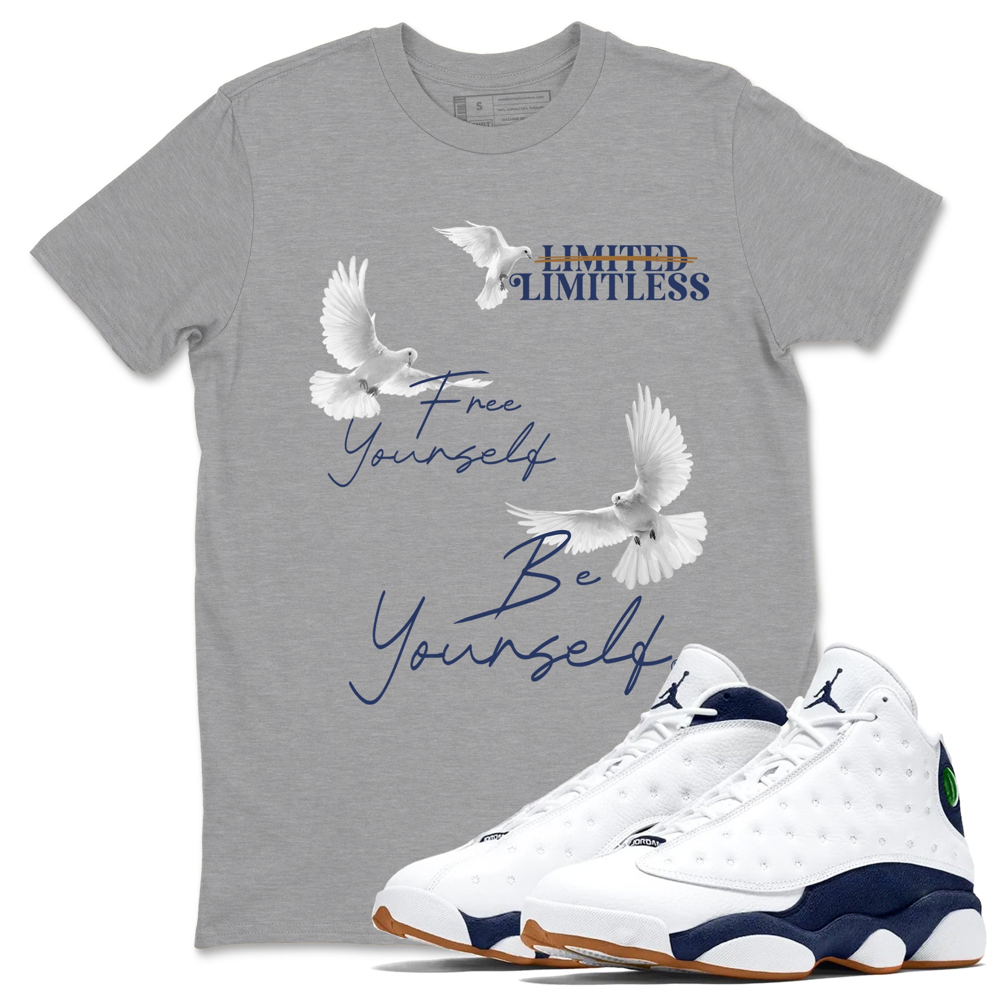 13s Midnight Navy shirts to match jordans Free Yourself Be Yourself sneaker match tees Air Jordan 13 Midnight Navy match shoes to clothes SNRT Sneaker Tees unisex cotton Heather Grey 1 shirts