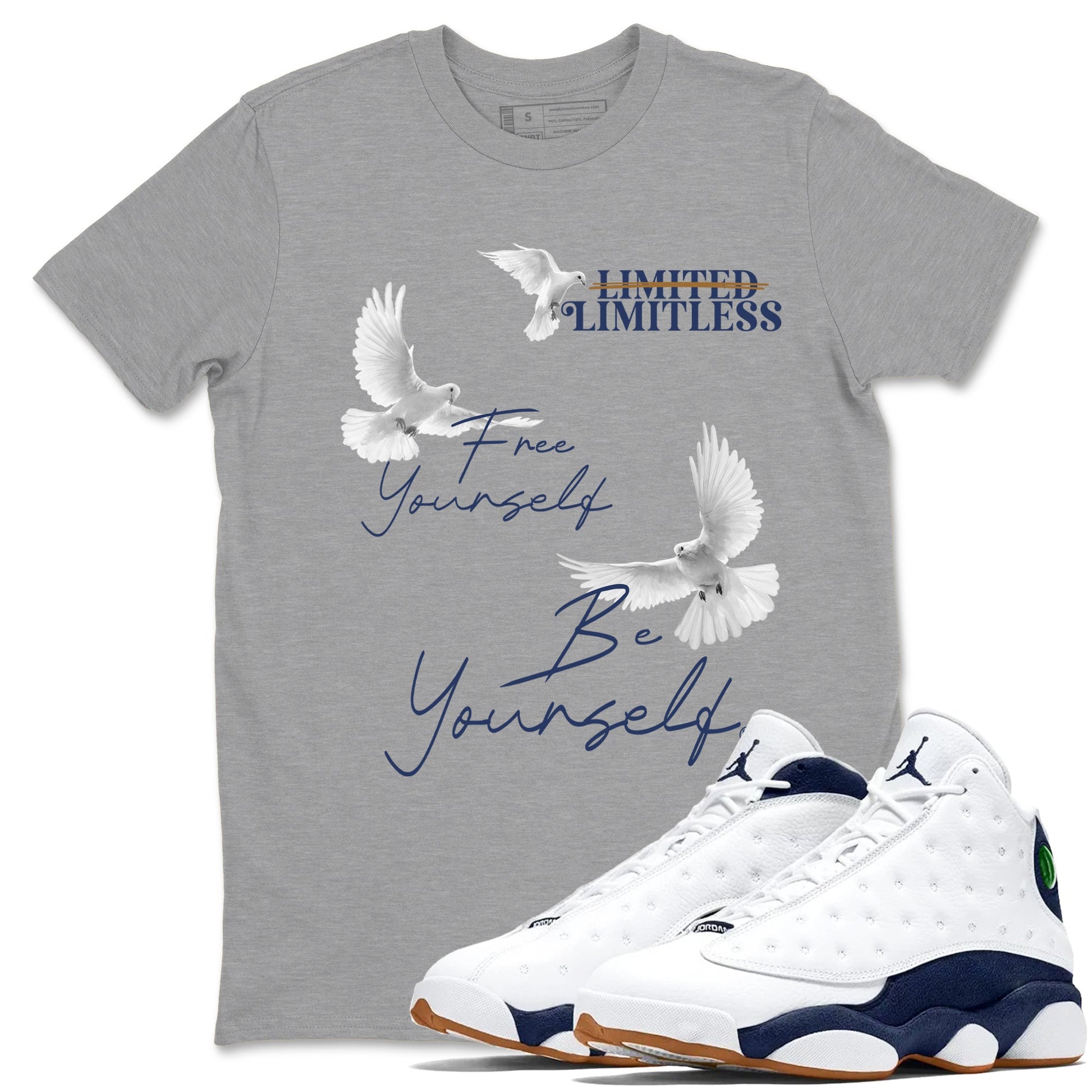 13s Midnight Navy shirts to match jordans Free Yourself Be Yourself sneaker match tees Air Jordan 13 Midnight Navy match shoes to clothes SNRT Sneaker Tees unisex cotton Heather Grey 1 shirts