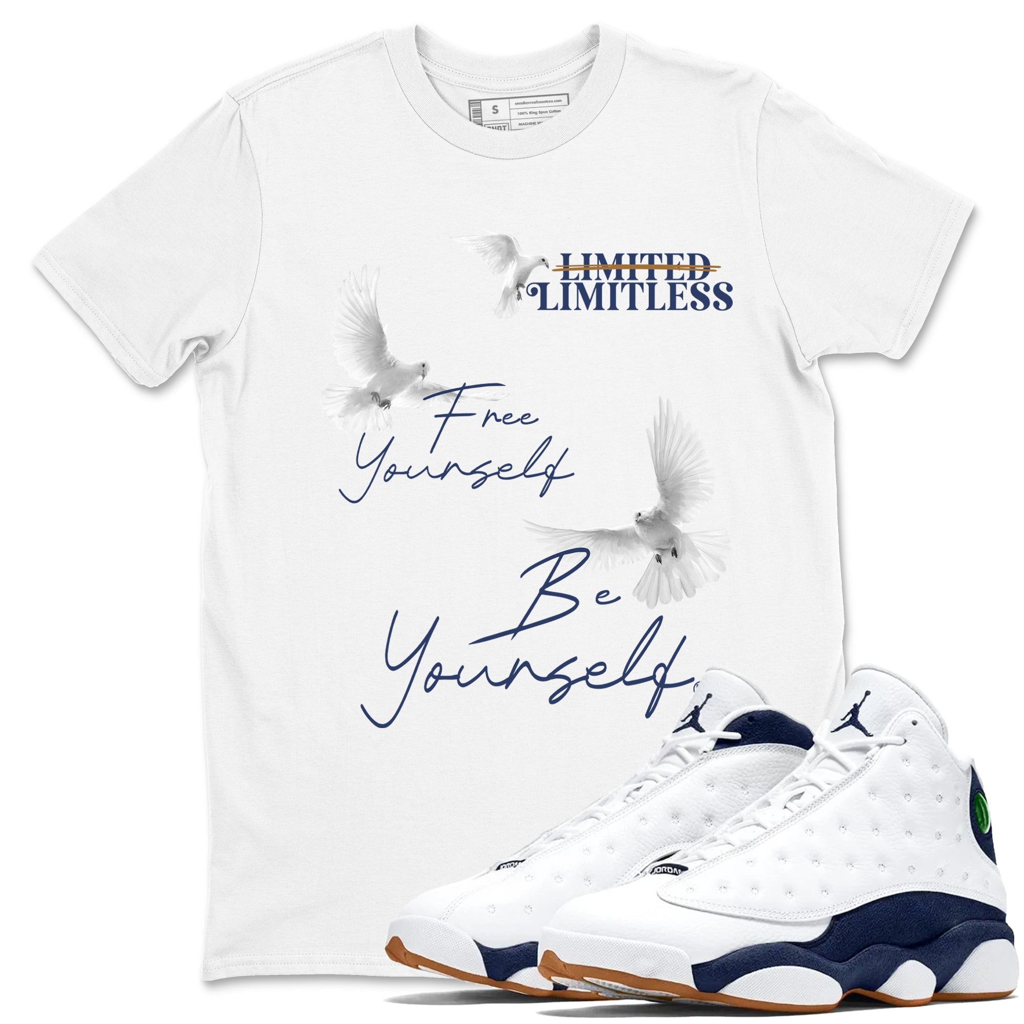 13s Midnight Navy shirts to match jordans Free Yourself Be Yourself sneaker match tees Air Jordan 13 Midnight Navy match shoes to clothes SNRT Sneaker Tees unisex cotton White 1 shirts
