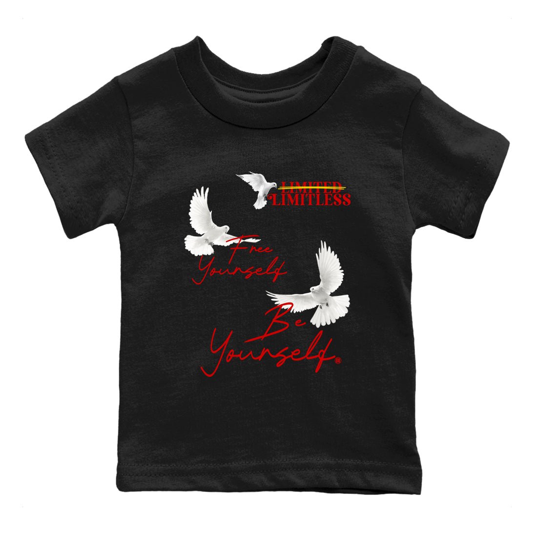 Free Yourself Be Yourself baby and kids t-shirt crafted for little sneakerheads to shine with the Air Jordan 14 Challenge Red sneakers, displayed in Black 2.