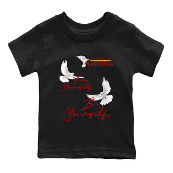 Free Yourself Be Yourself baby and kids t-shirt crafted for little sneakerheads to shine with the Air Jordan 14 Challenge Red sneakers, displayed in Black 2.