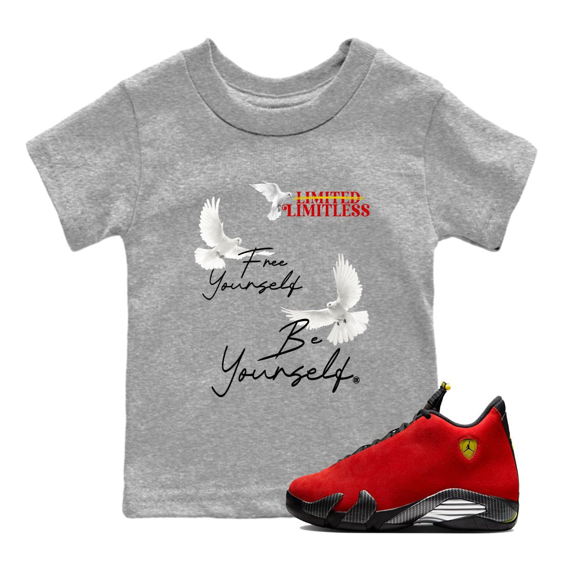 Free Yourself Be Yourself baby and kids t-shirt crafted for little sneakerheads to shine with the Air Jordan 14 Challenge Red sneakers, displayed in Heather Grey 1.
