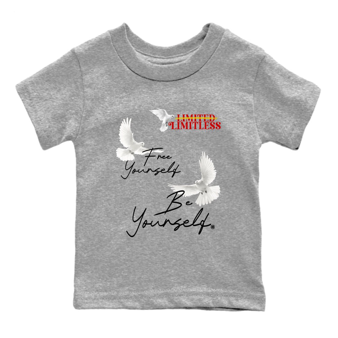 Free Yourself Be Yourself baby and kids t-shirt crafted for little sneakerheads to shine with the Air Jordan 14 Challenge Red sneakers, displayed in Heather Grey 2.