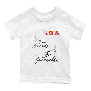 Free Yourself Be Yourself baby and kids t-shirt crafted for little sneakerheads to shine with the Air Jordan 14 Challenge Red sneakers, displayed in White 2.