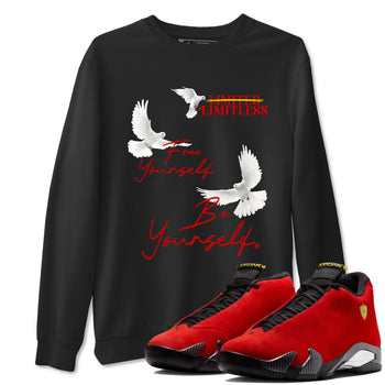 Free Yourself Be Yourself sneaker match t-shirt styled to complete your fit with the Air Jordan 14 Challenge Red sneakers, graphic shirts in Black 1.