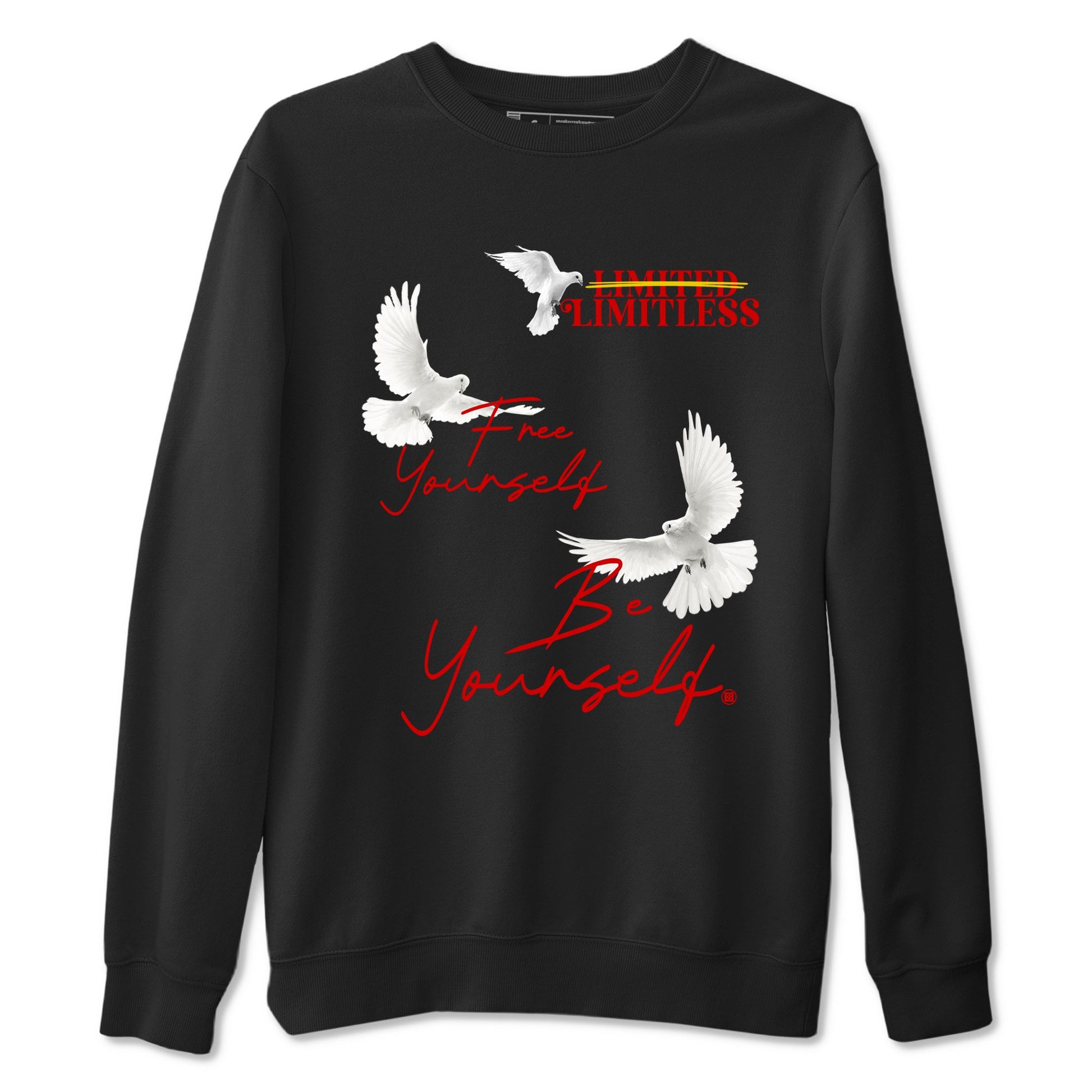 Free Yourself Be Yourself sneaker match t-shirt styled to complete your fit with the Air Jordan 14 Challenge Red sneakers, graphic shirts in Black 2.