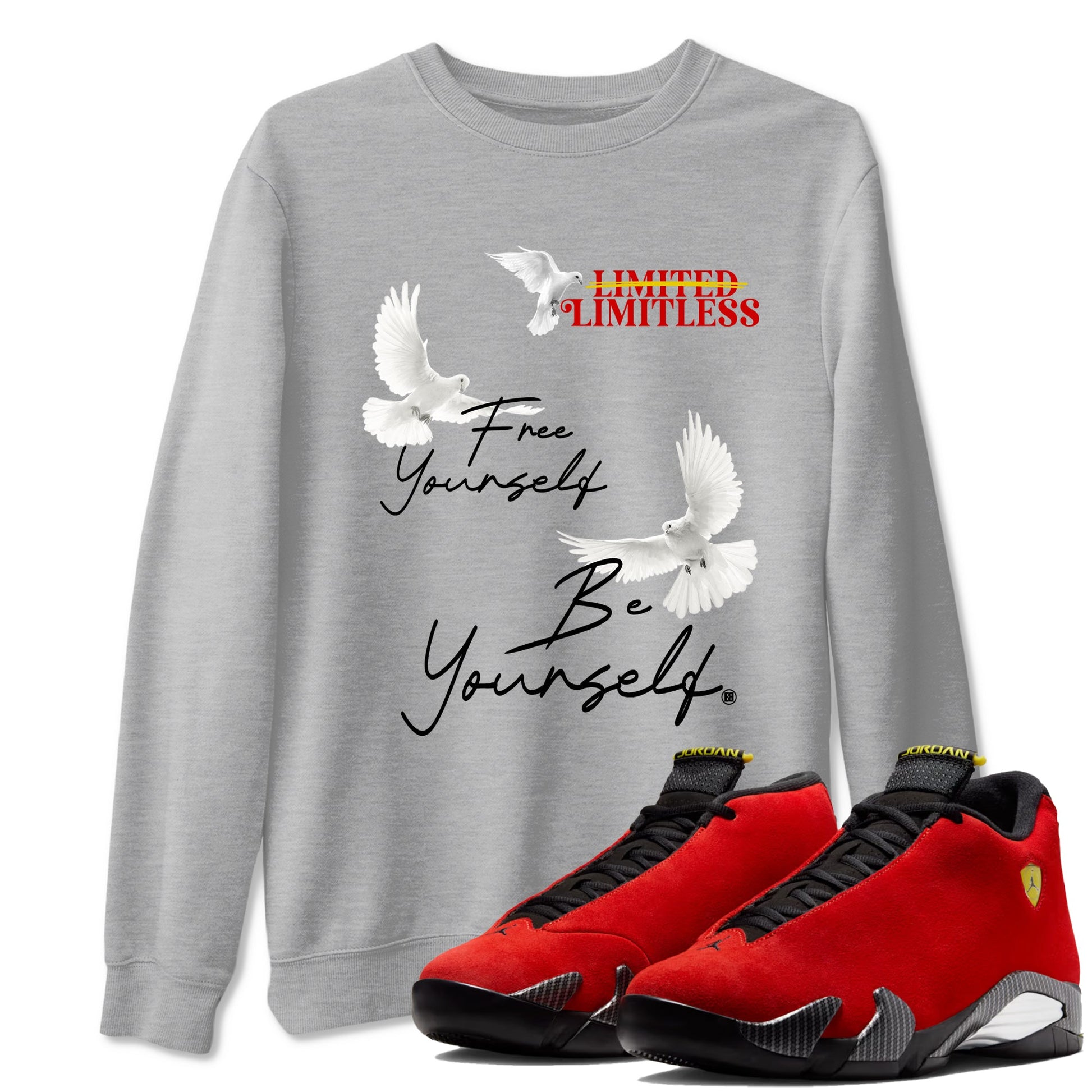 Free Yourself Be Yourself sneaker match t-shirt styled to complete your fit with the Air Jordan 14 Challenge Red sneakers, graphic shirts in Heather Grey 1.