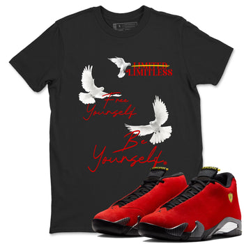 Free Yourself Be Yourself sneaker match t-shirt styled to complete your fit with the Air Jordan 14 Challenge Red sneakers, graphic shirts in Black 1.