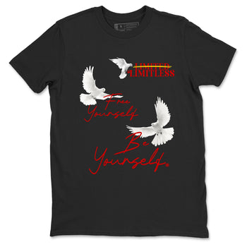 Free Yourself Be Yourself sneaker match t-shirt styled to complete your fit with the Air Jordan 14 Challenge Red sneakers, graphic shirts in Black 2.