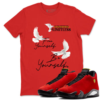 Free Yourself Be Yourself sneaker match t-shirt styled to complete your fit with the Air Jordan 14 Challenge Red sneakers, graphic shirts in Red 1.