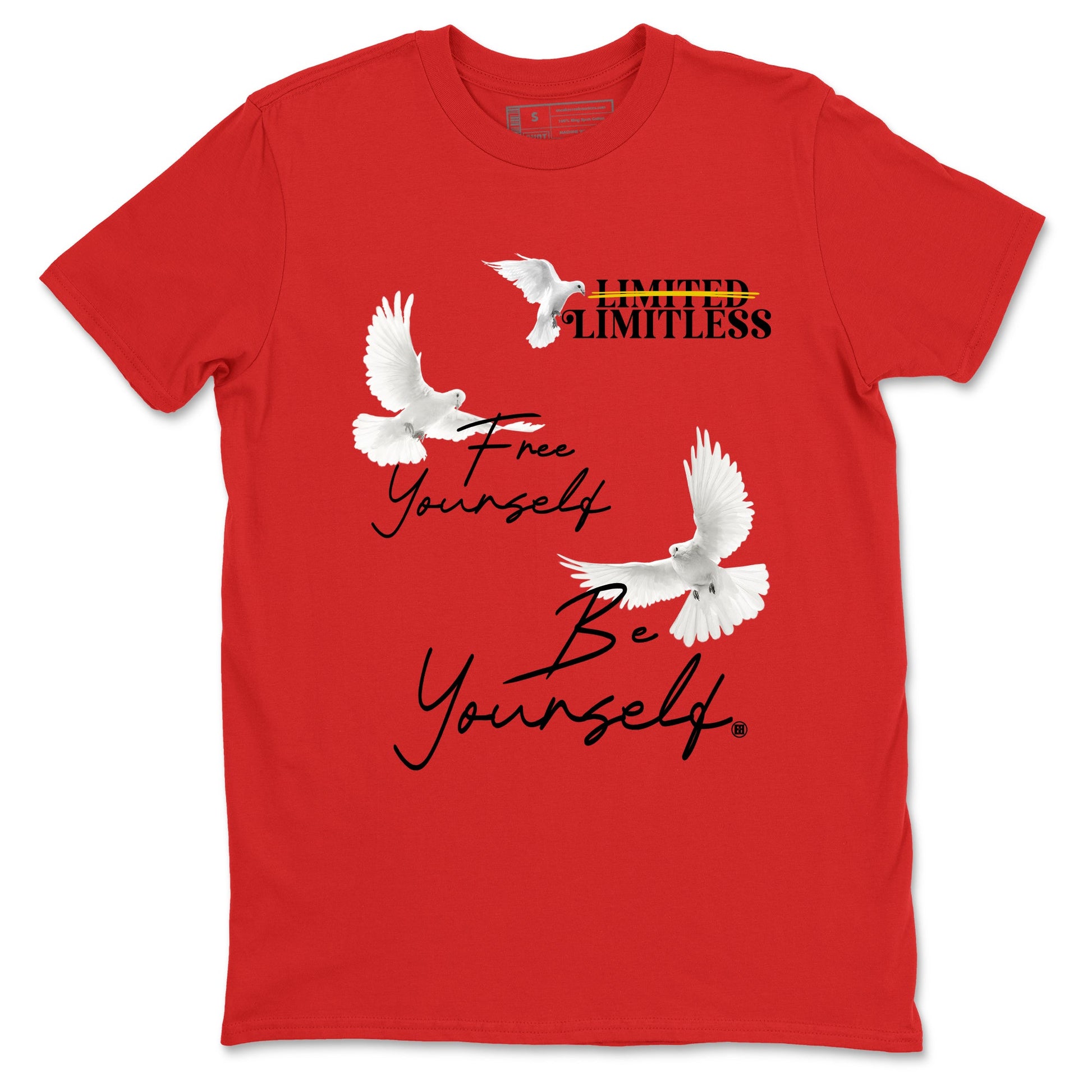Free Yourself Be Yourself sneaker match t-shirt styled to complete your fit with the Air Jordan 14 Challenge Red sneakers, graphic shirts in Red 2.