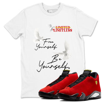 Free Yourself Be Yourself sneaker match t-shirt styled to complete your fit with the Air Jordan 14 Challenge Red sneakers, graphic shirts in White 1.