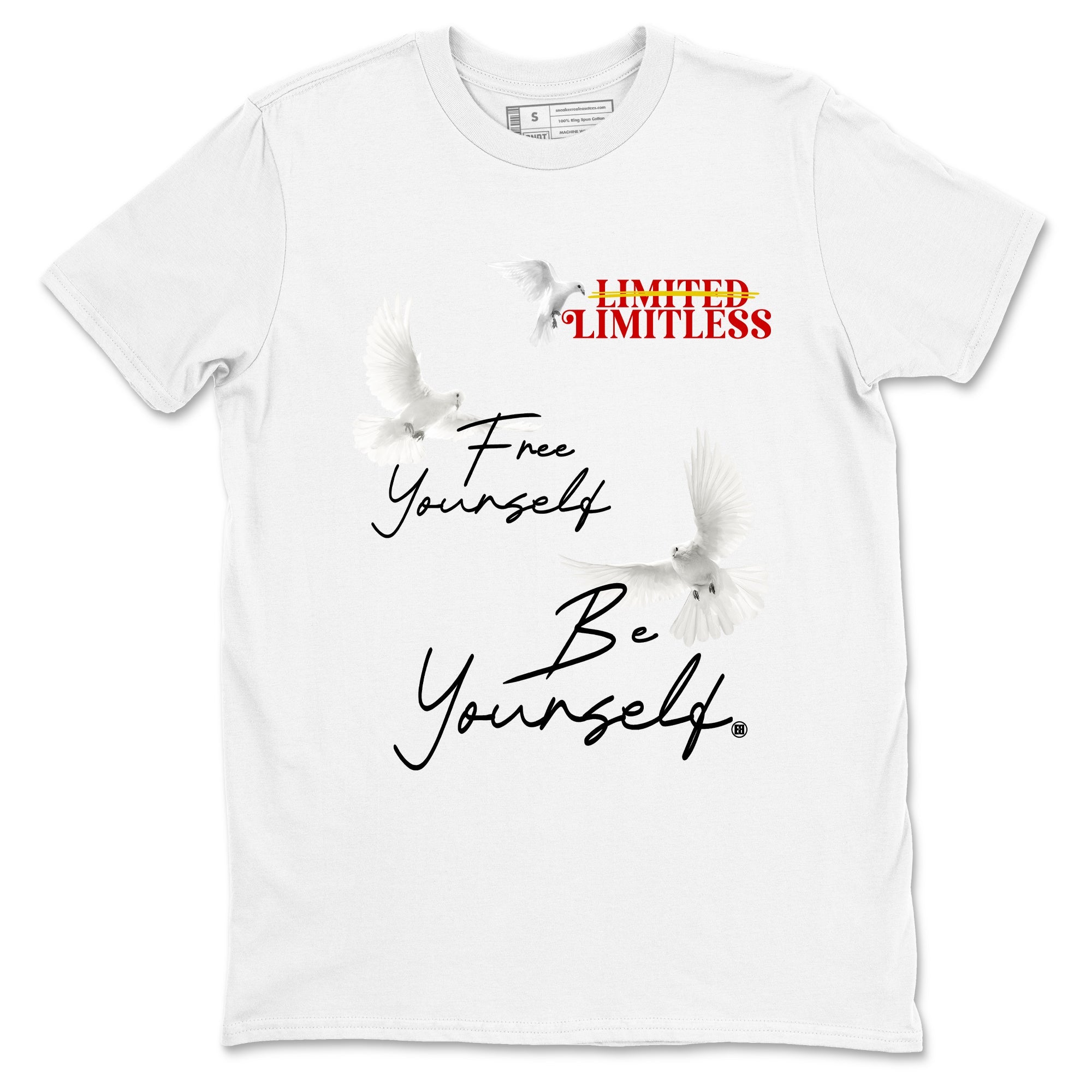 Free Yourself Be Yourself sneaker match t-shirt styled to complete your fit with the Air Jordan 14 Challenge Red sneakers, graphic shirts in White 2.