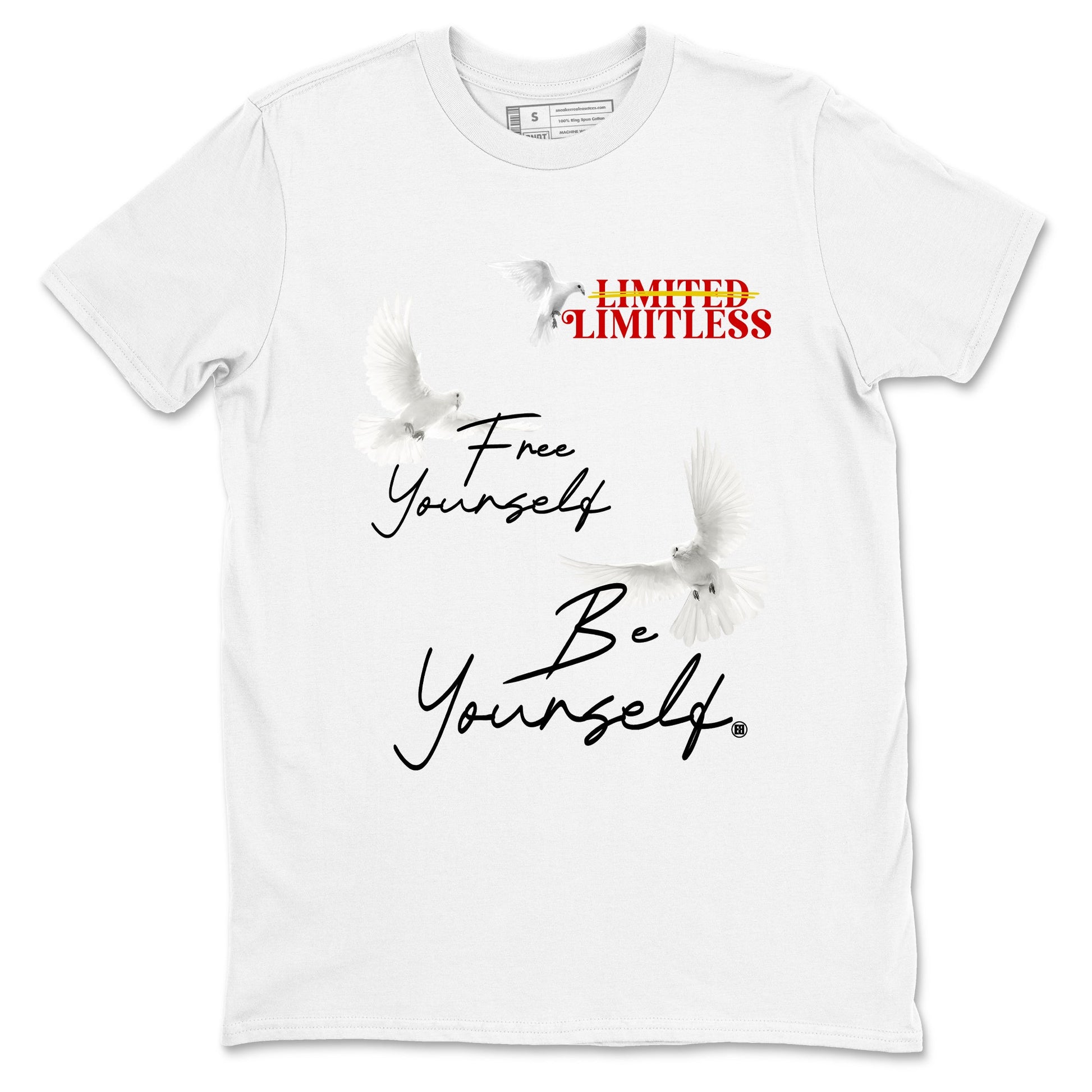 Free Yourself Be Yourself sneaker match t-shirt styled to complete your fit with the Air Jordan 14 Challenge Red sneakers, graphic shirts in White 2.