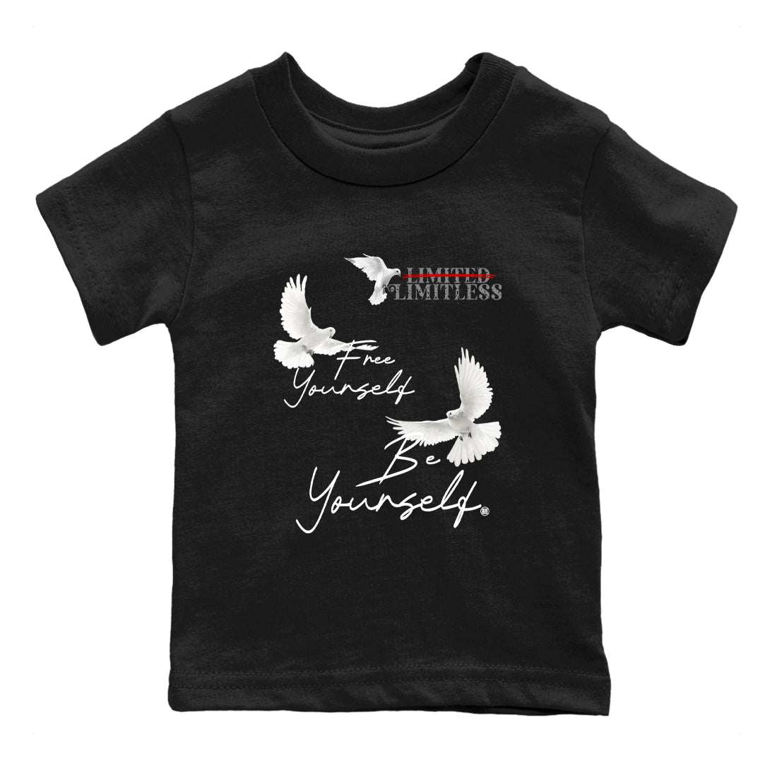 Free Yourself Be Yourself baby and kids t-shirt crafted for little sneakerheads to shine with the Air Jordan 4 White Cement sneakers, displayed in Black 2.