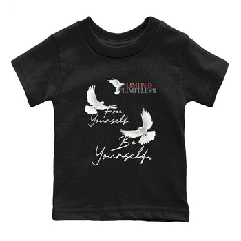 Free Yourself Be Yourself baby and kids t-shirt crafted for little sneakerheads to shine with the Air Jordan 4 White Cement sneakers, displayed in Black 2.