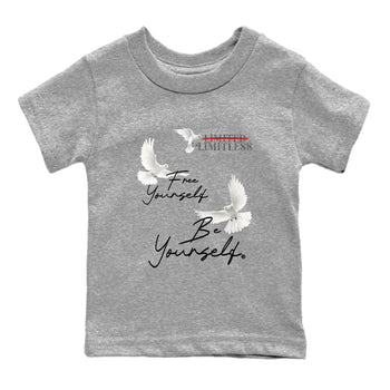 Free Yourself Be Yourself baby and kids t-shirt crafted for little sneakerheads to shine with the Air Jordan 4 White Cement sneakers, displayed in Heather Grey 2.