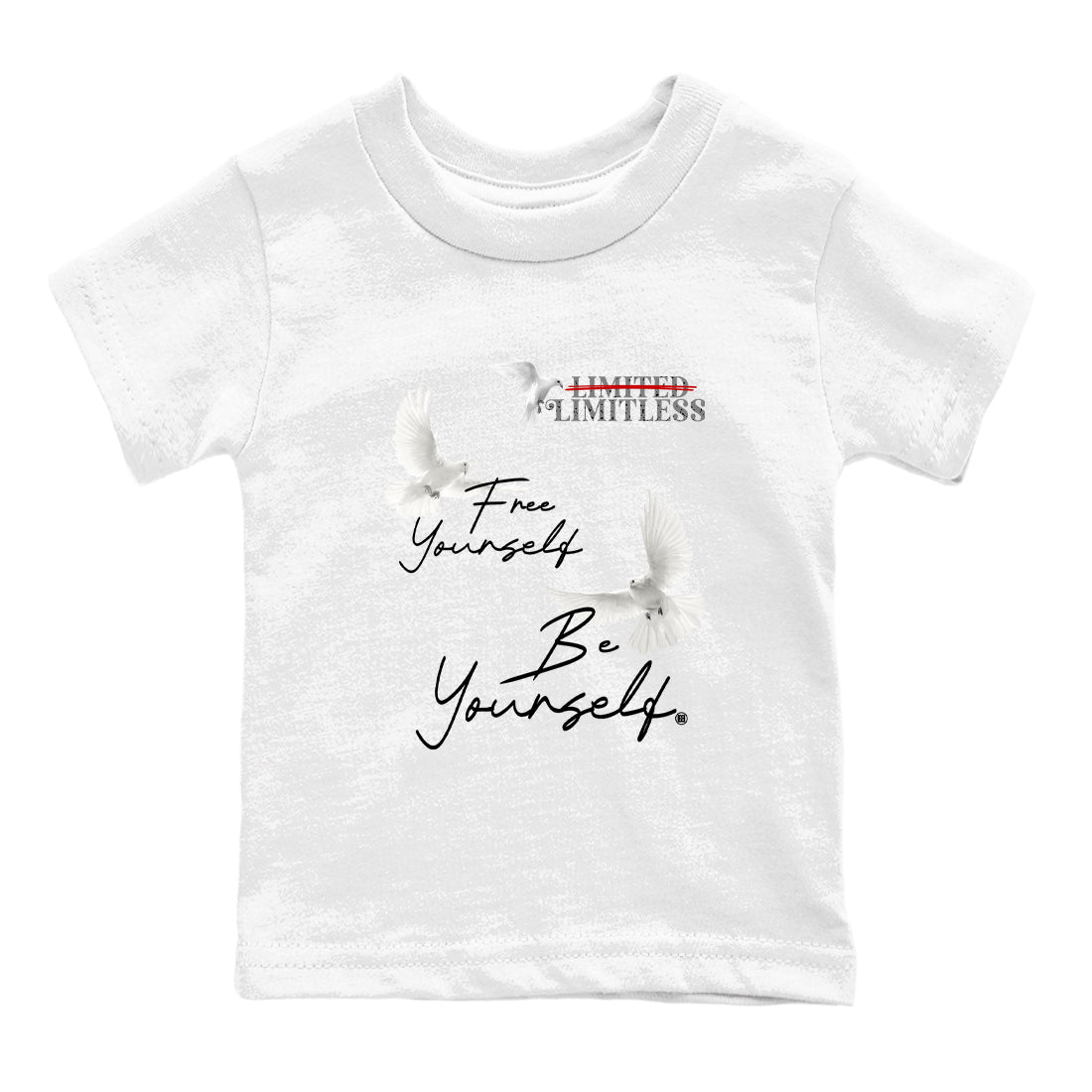 Free Yourself Be Yourself baby and kids t-shirt crafted for little sneakerheads to shine with the Air Jordan 4 White Cement sneakers, displayed in White 2.