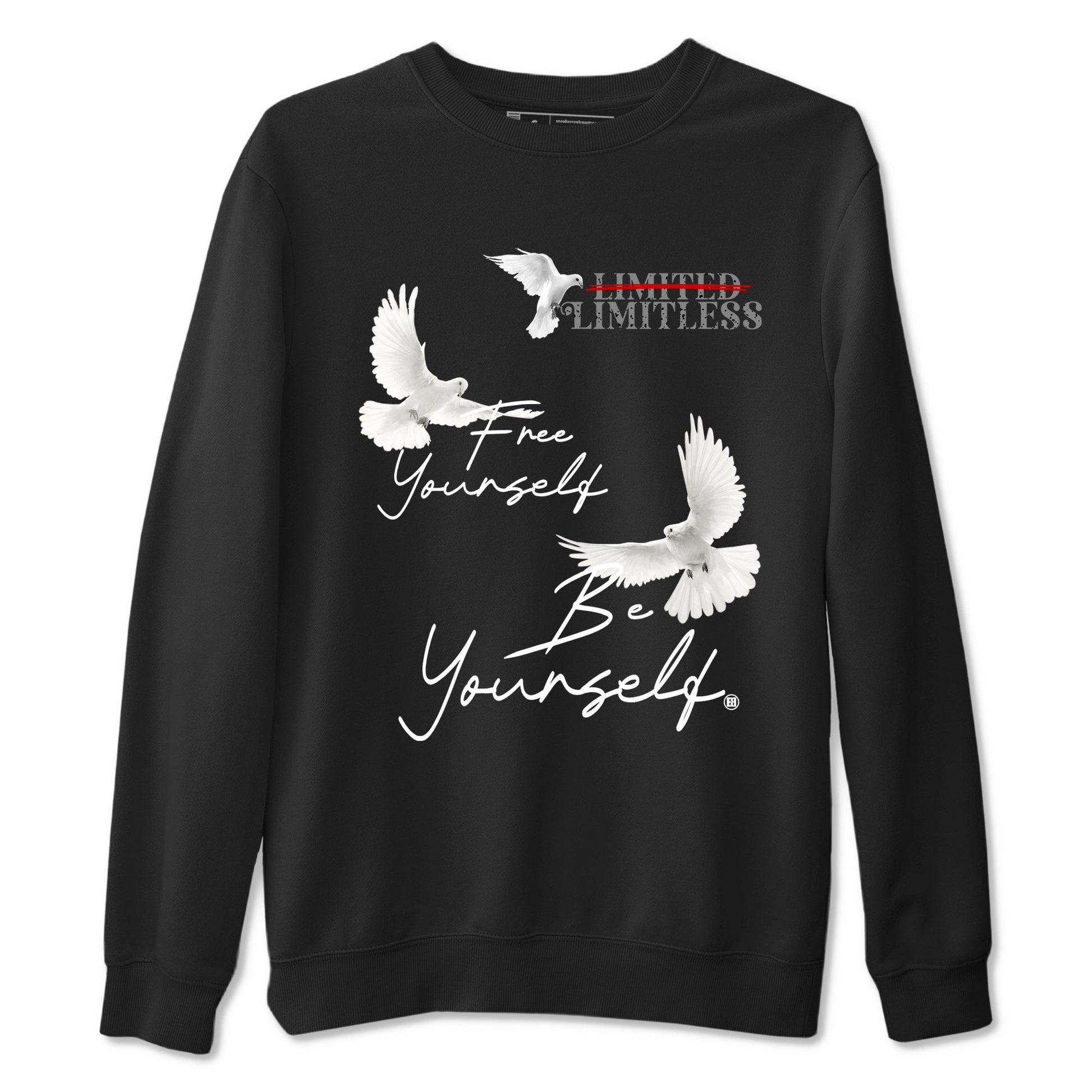 Free Yourself Be Yourself sneaker match t-shirt styled to complete your fit with the Air Jordan 4 White Cement sneakers, shown in Black 2.