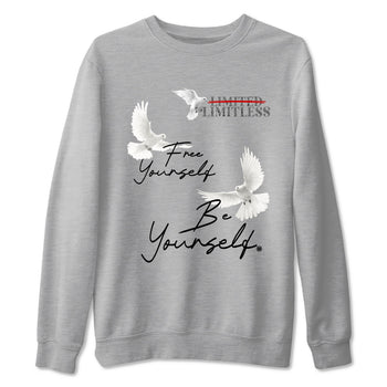 Free Yourself Be Yourself sneaker match t-shirt styled to complete your fit with the Air Jordan 4 White Cement sneakers, shown in Heather Grey 2.