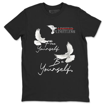 Free Yourself Be Yourself sneaker match t-shirt styled to complete your fit with the Air Jordan 4 White Cement sneakers, shown in Black 2.