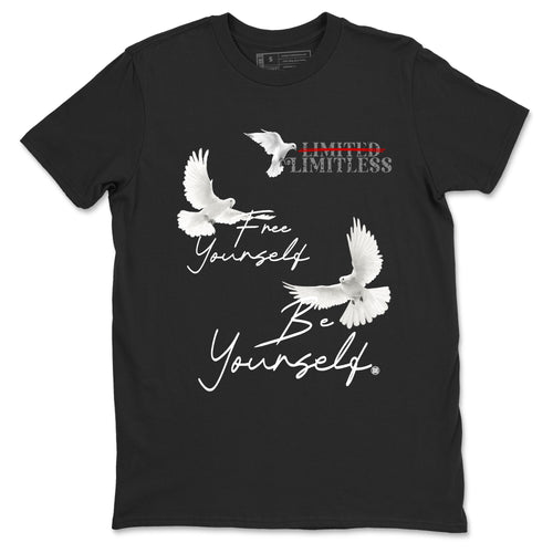 Free Yourself Be Yourself sneaker match t-shirt styled to complete your fit with the Air Jordan 4 White Cement sneakers, shown in Black 2.