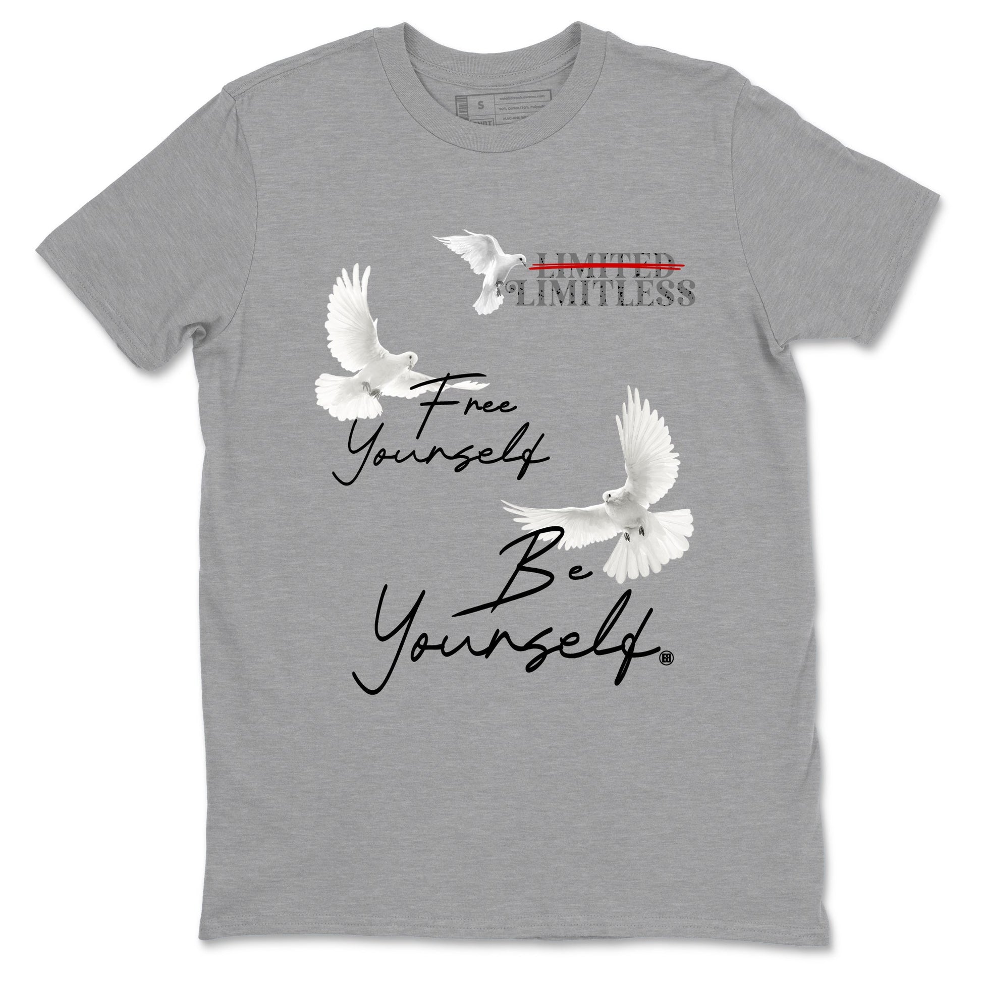 Free Yourself Be Yourself sneaker match t-shirt styled to complete your fit with the Air Jordan 4 White Cement sneakers, shown in Heather Grey 2.
