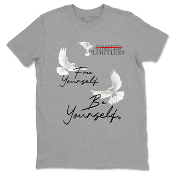 Free Yourself Be Yourself sneaker match t-shirt styled to complete your fit with the Air Jordan 4 White Cement sneakers, shown in Heather Grey 2.