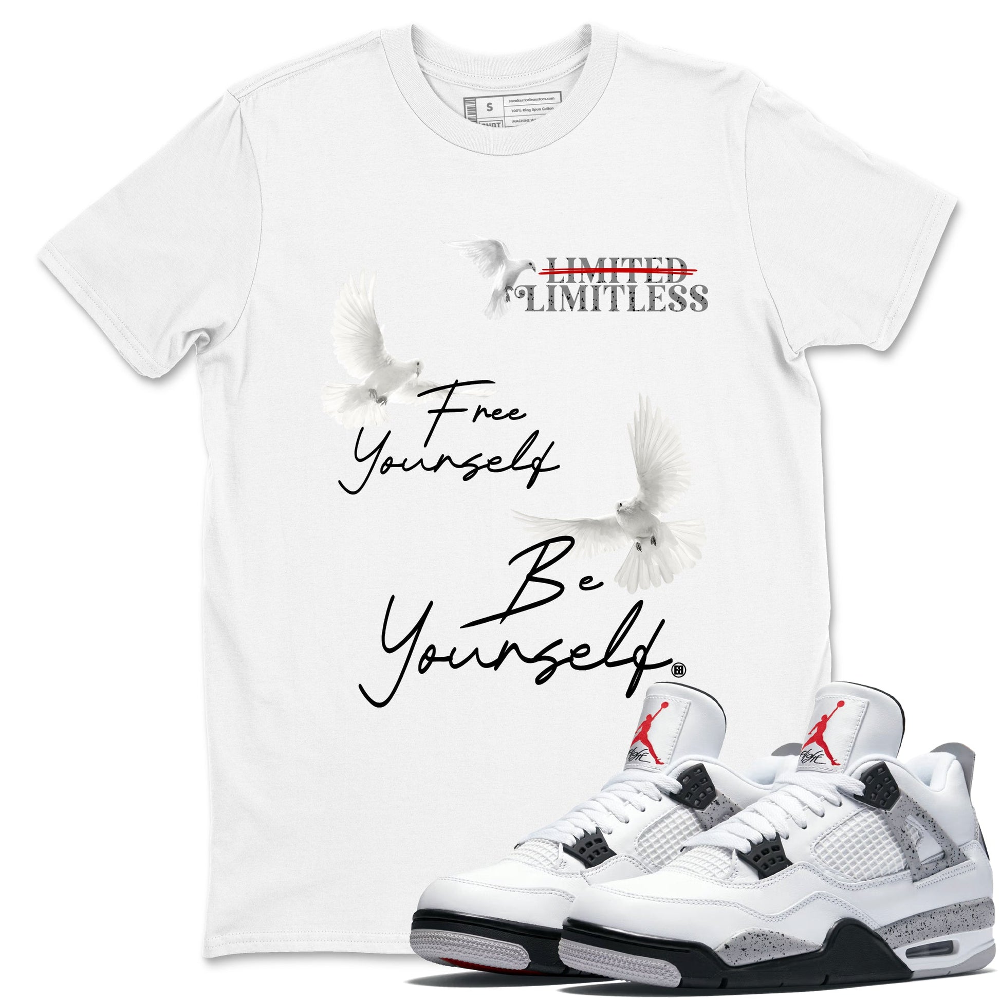Free Yourself Be Yourself sneaker match t-shirt styled to complete your fit with the Air Jordan 4 White Cement sneakers, shown in White 1.