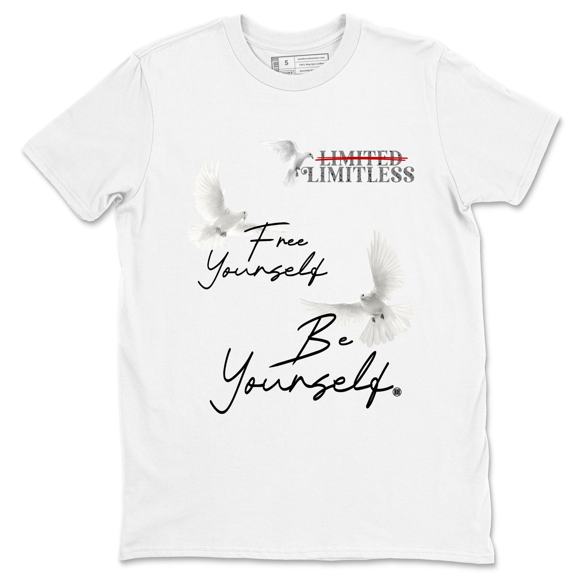 Free Yourself Be Yourself sneaker match t-shirt styled to complete your fit with the Air Jordan 4 White Cement sneakers, shown in White 2.