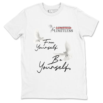 Free Yourself Be Yourself sneaker match t-shirt styled to complete your fit with the Air Jordan 4 White Cement sneakers, shown in White 2.