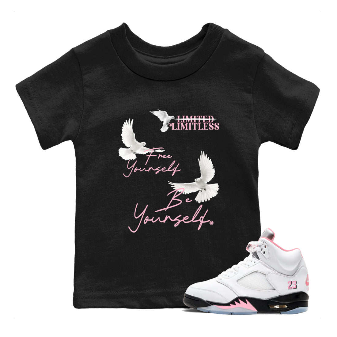 Free Yourself Be Yourself baby and kids t-shirt crafted for little sneakerheads to shine with the Air Jordan 5 35th Anniversary sneakers, displayed in Black 1.