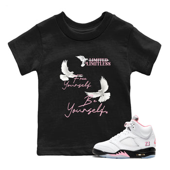 Free Yourself Be Yourself baby and kids t-shirt crafted for little sneakerheads to shine with the Air Jordan 5 35th Anniversary sneakers, displayed in Black 1.