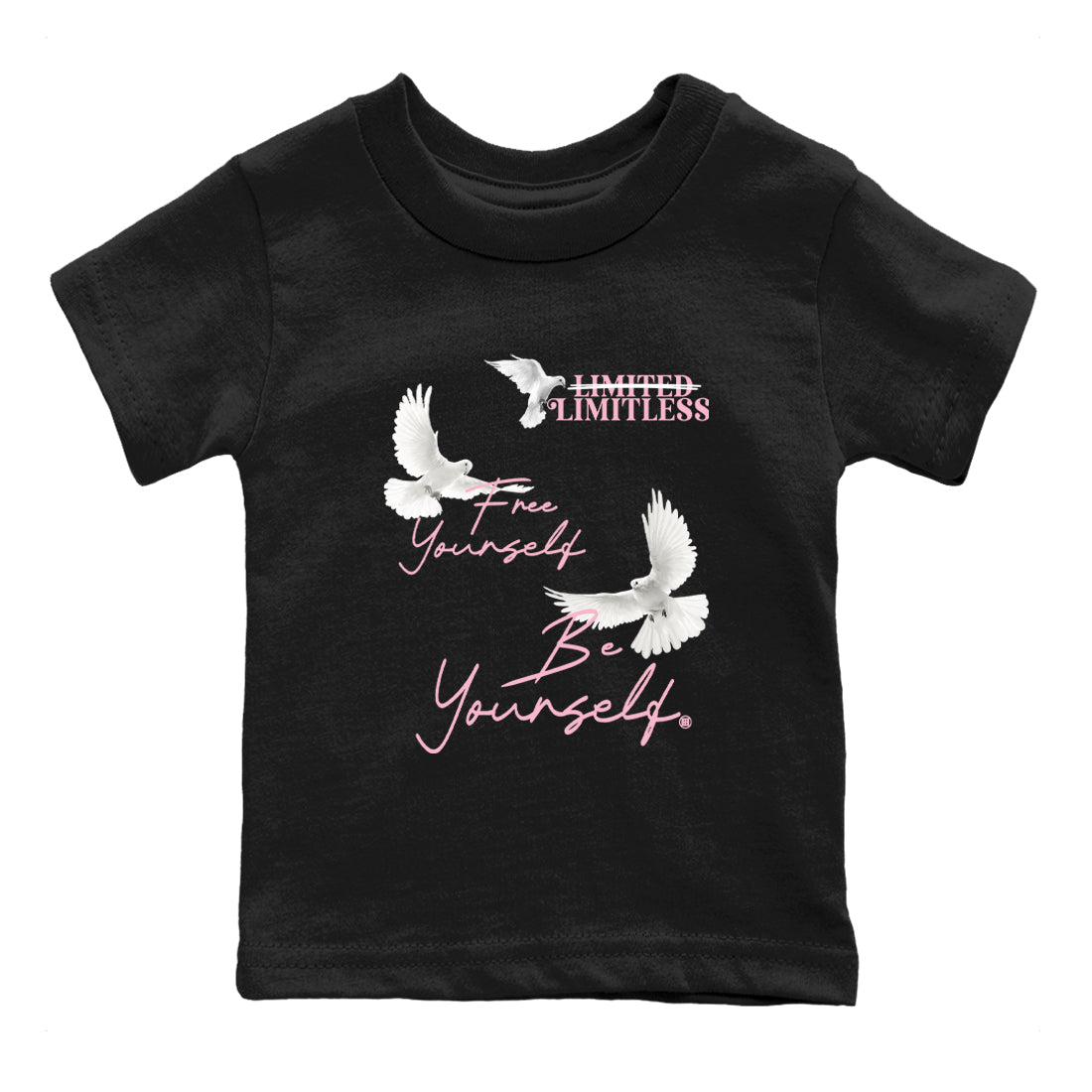 Free Yourself Be Yourself baby and kids t-shirt crafted for little sneakerheads to shine with the Air Jordan 5 35th Anniversary sneakers, displayed in Black 2.