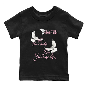 Free Yourself Be Yourself baby and kids t-shirt crafted for little sneakerheads to shine with the Air Jordan 5 35th Anniversary sneakers, displayed in Black 2.