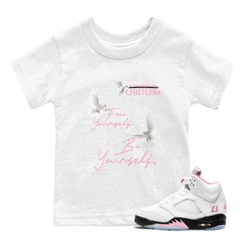 Free Yourself Be Yourself baby and kids t-shirt crafted for little sneakerheads to shine with the Air Jordan 5 35th Anniversary sneakers, displayed in White 1.