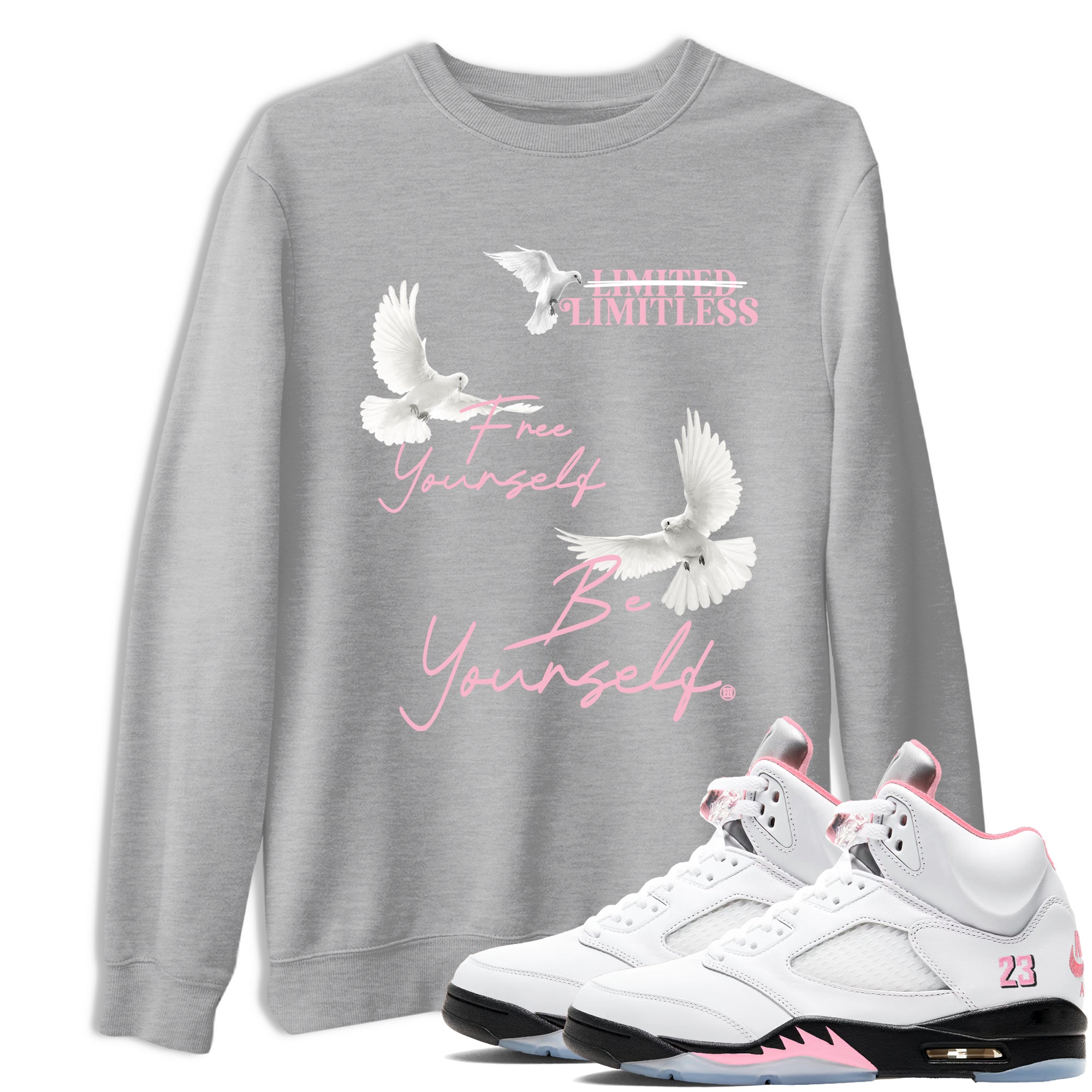 Free Yourself Be Yourself sneaker match t-shirt styled to complete your fit with the Air Jordan 5 35th Anniversary sneakers, shown in Heather Grey 1.