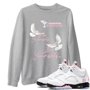 Free Yourself Be Yourself sneaker match t-shirt styled to complete your fit with the Air Jordan 5 35th Anniversary sneakers, shown in Heather Grey 1.