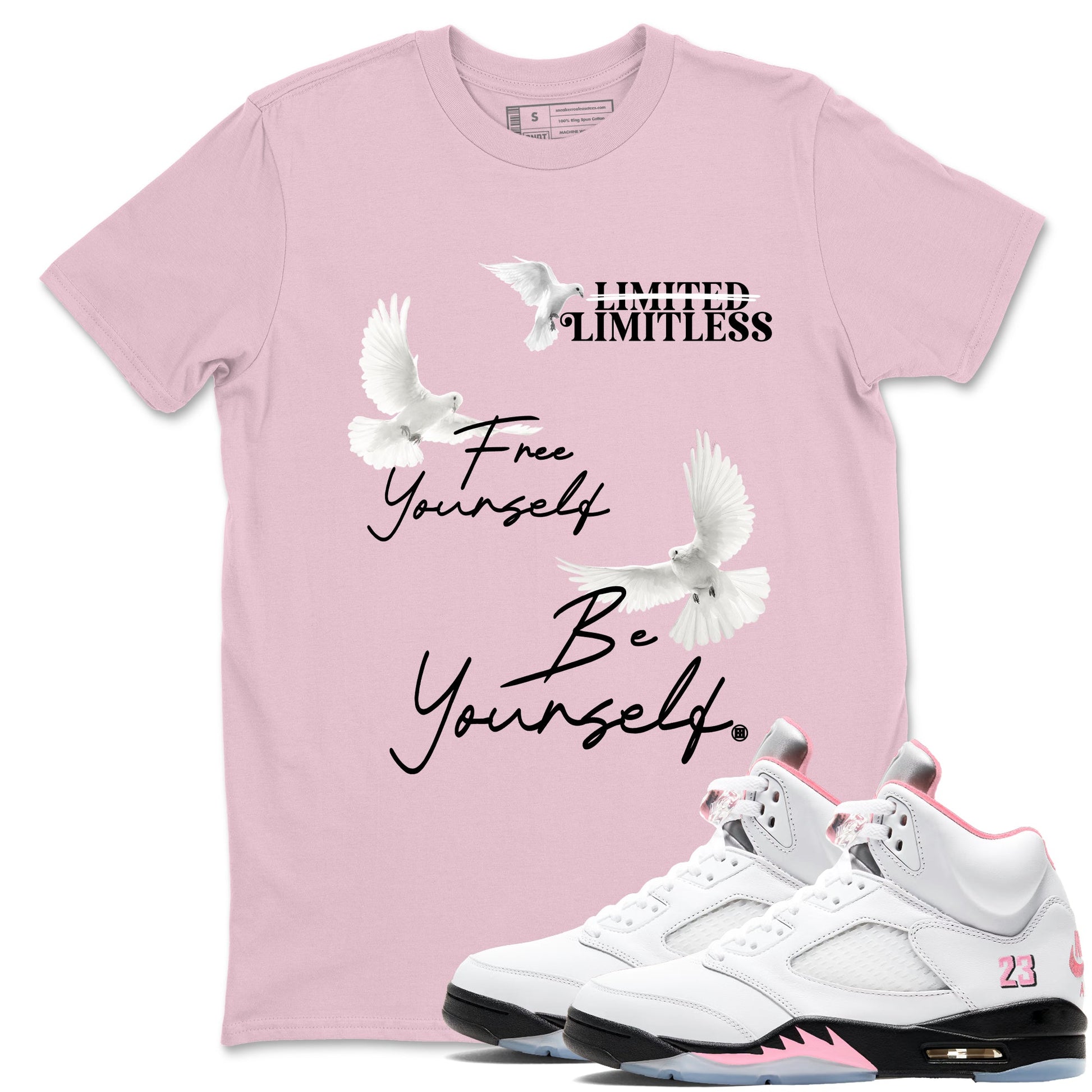 Free Yourself Be Yourself sneaker match t-shirt styled to complete your fit with the Air Jordan 5 35th Anniversary sneakers, shown in Pink 1.