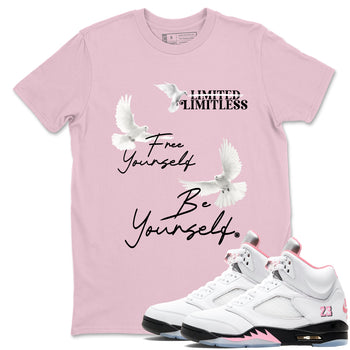 Free Yourself Be Yourself sneaker match t-shirt styled to complete your fit with the Air Jordan 5 35th Anniversary sneakers, shown in Pink 1.
