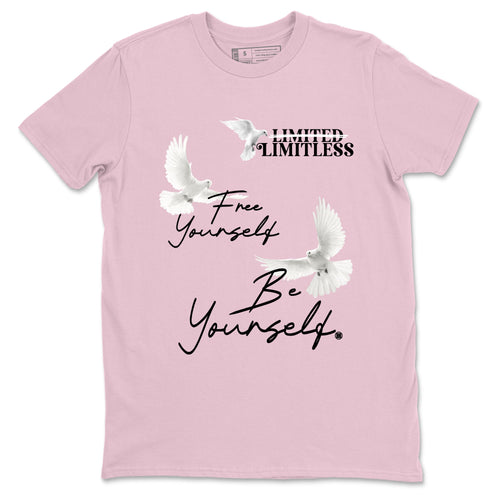 Free Yourself Be Yourself sneaker match t-shirt styled to complete your fit with the Air Jordan 5 35th Anniversary sneakers, shown in Pink 2.