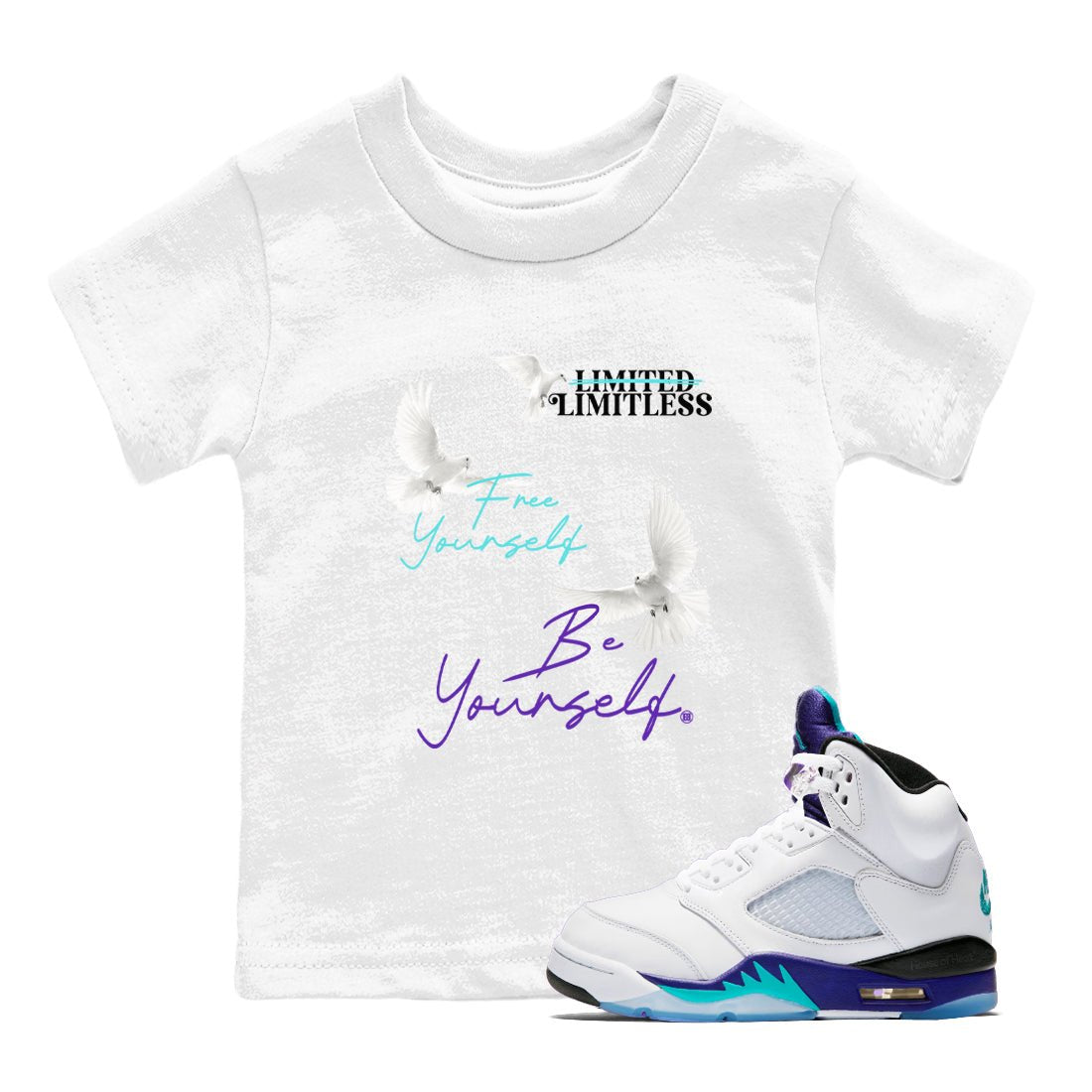 5s Grape shirts to match jordans Free Yourself Be Yourself sneaker match tees AJ5 Retro Grape match shoes to clothes SNRT Sneaker Tees Youth Baby White 1 tee
