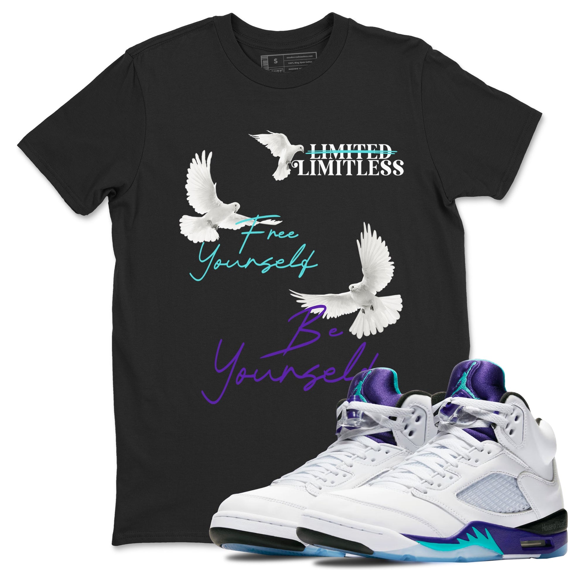 5s Grape shirts to match jordans Free Yourself Be Yourself sneaker match tees AJ5 Retro Grape match shoes to clothes SNRT Sneaker Tees unisex cotton Black 1 shirts