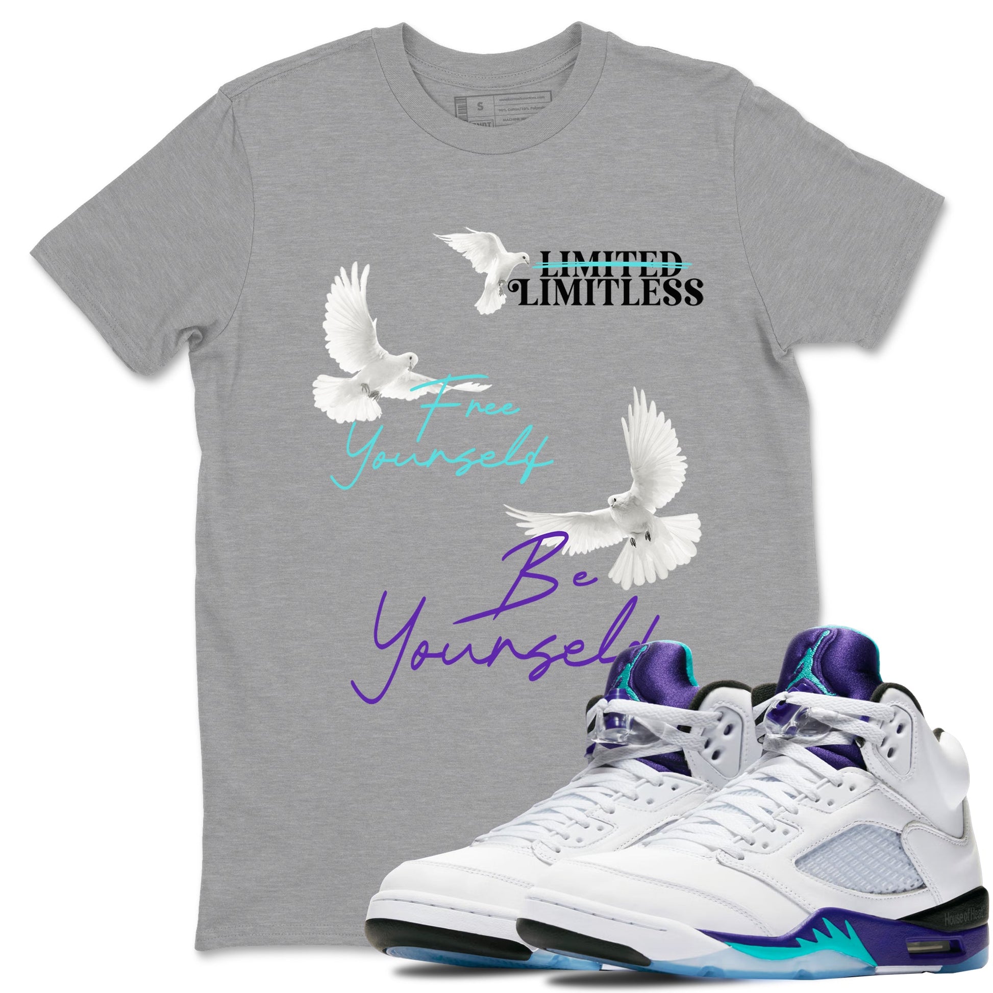 5s Grape shirts to match jordans Free Yourself Be Yourself sneaker match tees AJ5 Retro Grape match shoes to clothes SNRT Sneaker Tees unisex cotton Heather Grey 1 shirts