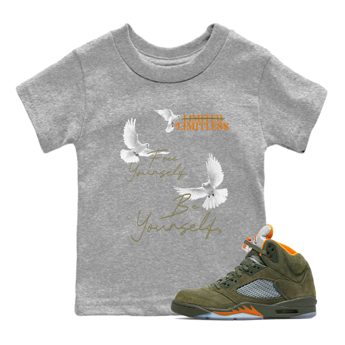 5s Olive shirts to match jordans Free Yourself Be Yourself sneaker match tees Air Jordan 5 Olive match shoes to clothes SNRT Sneaker Tees Youth Baby Heather Grey 1 tee