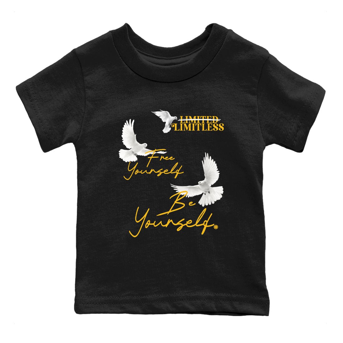 Free Yourself Be Yourself baby and kids t-shirt crafted for little sneakerheads to shine with the Air Jordan 5 Tokyo sneakers, displayed in Black 2.
