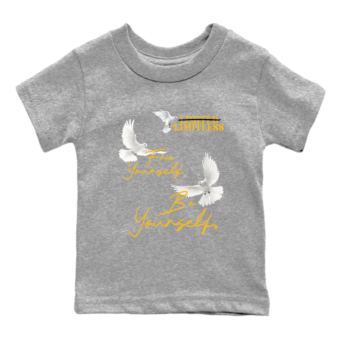 Free Yourself Be Yourself baby and kids t-shirt crafted for little sneakerheads to shine with the Air Jordan 5 Tokyo sneakers, displayed in Heather Grey 2.